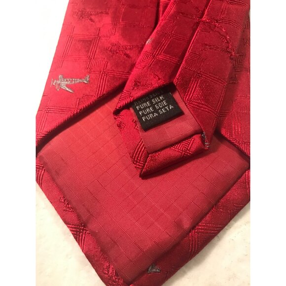 Düsseldorf International Reine Seide Red Silk Print & Embroidered Airplanes - Picture 3 of 6